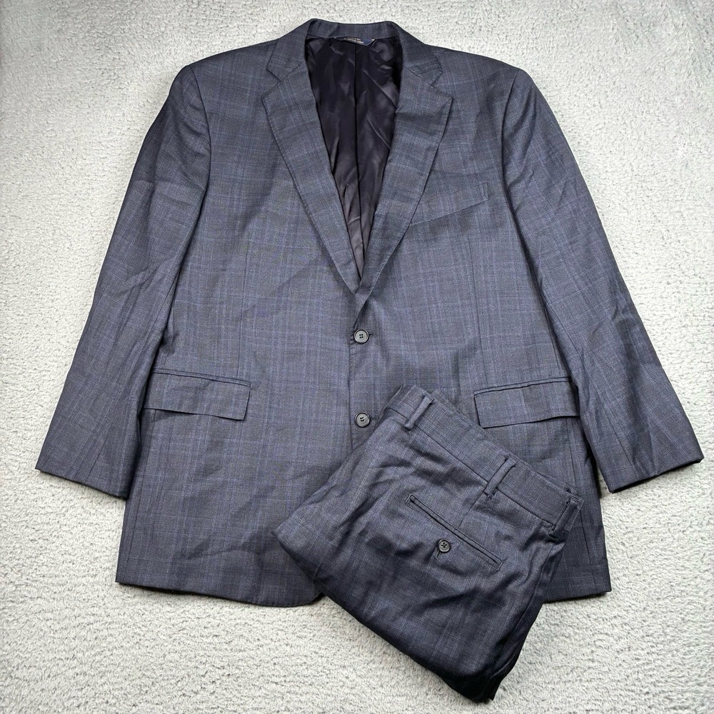 Brooks Brothers Saxxon 1818 Regent Suit Men 46R 40W Gray Blue Windowpane Wool